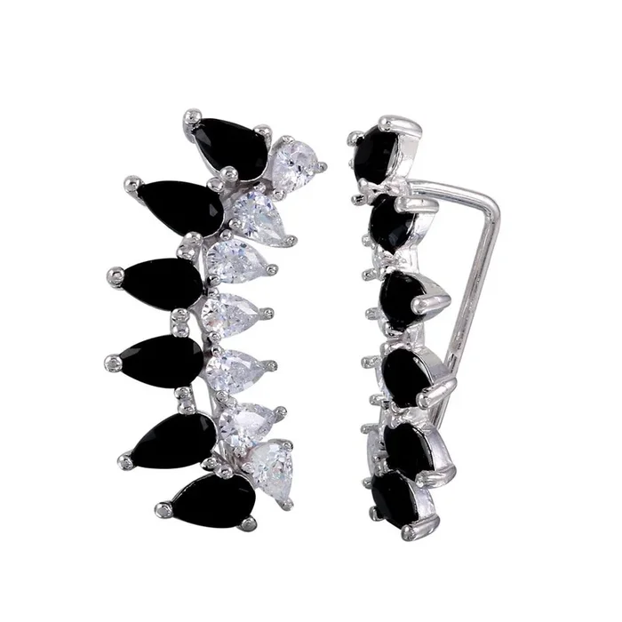 Pendientes trepadores de circonita negra en forma de pera de plata de ley 925 rodiada – GME00059-BLACK