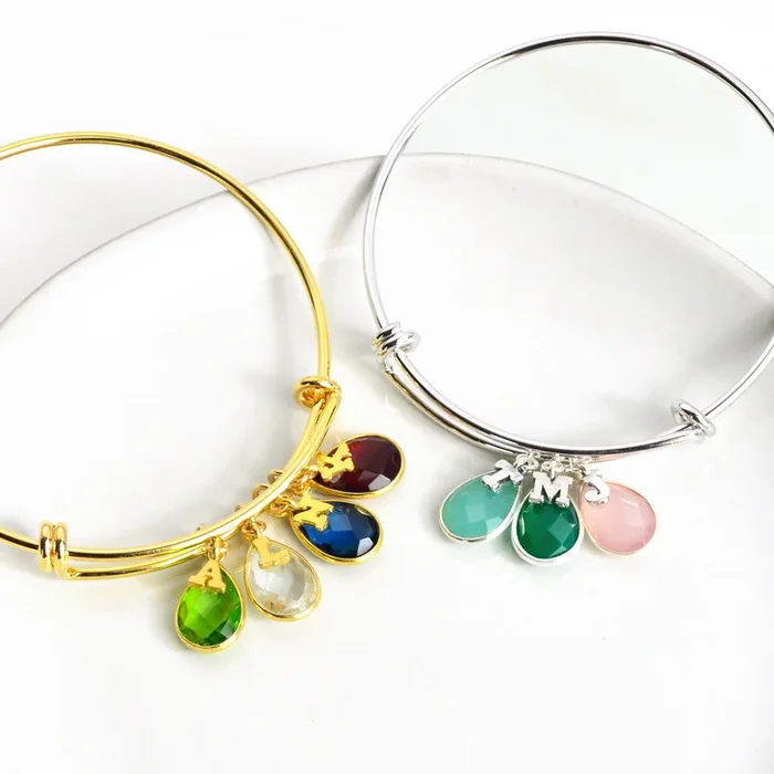 Personalized Initial Birthstone Bangle, Script Letters for Mom & Grandma, Mother’s Charm Bracelet
