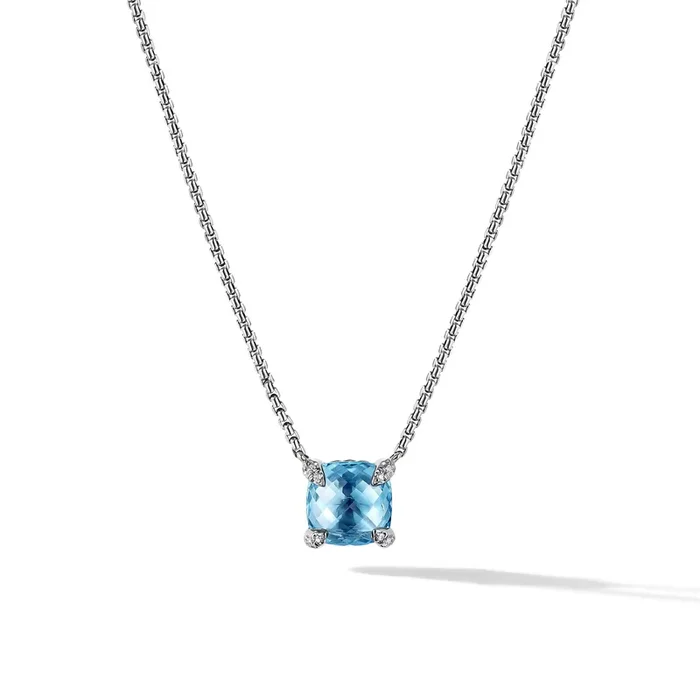 Petite Chatelaine® Pendant Necklace in Sterling Silver with Blue Topaz and Diamonds, 9mm