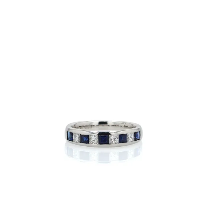 Platinum Alternating Square Blue Sapphire and Diamond Band