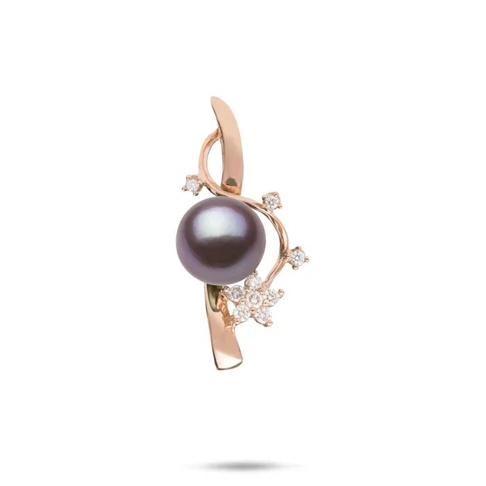 Plumeria Ultraviolet Freshwater Pearl Journey Pendant in Rose Gold with Diamonds – 10-11mm