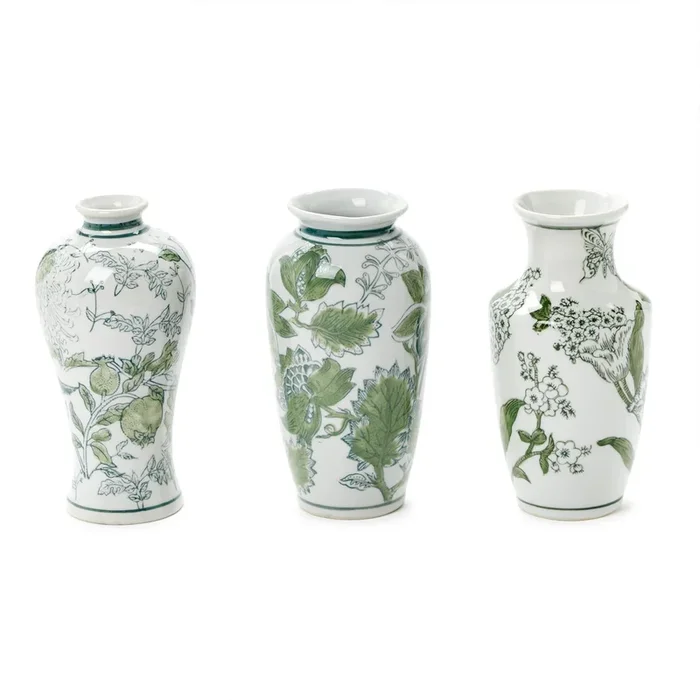 Primrose and Lotus Set of 3 Hand-Painted Green and White Chinoiserie Vases Includes 3 Shapes (color may vary) – Porcelain