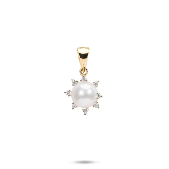 Protea Akoya White Pearl Pendant in Gold with Diamonds – 8mm