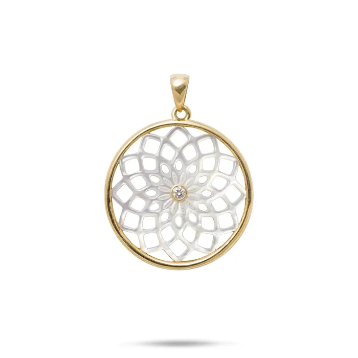 Protea Mother of Pearl Pendant in Gold with Diamond – 22mm