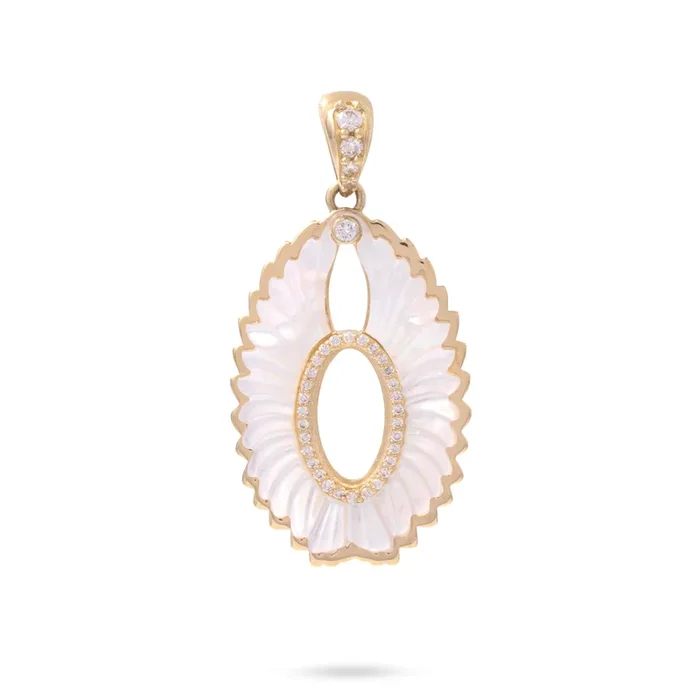 Pueo (Owl) Mother of Pearl Pendant in Gold with Diamonds – 28mm