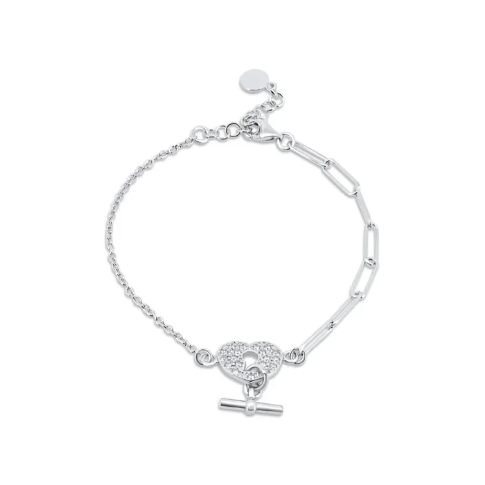 Pulsera ajustable con clip de papel y barra de candado de corazón de circonitas transparentes en plata de ley 925 rodiada – ITB00336-RH