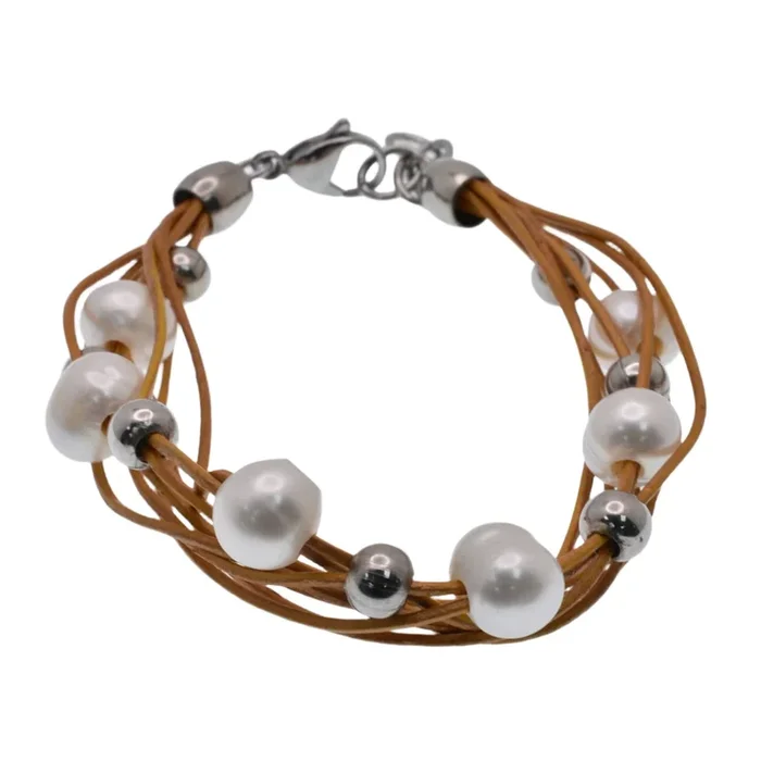 Pulsera ajustable de cuentas de acero inoxidable y nácar sintético – SLB00006