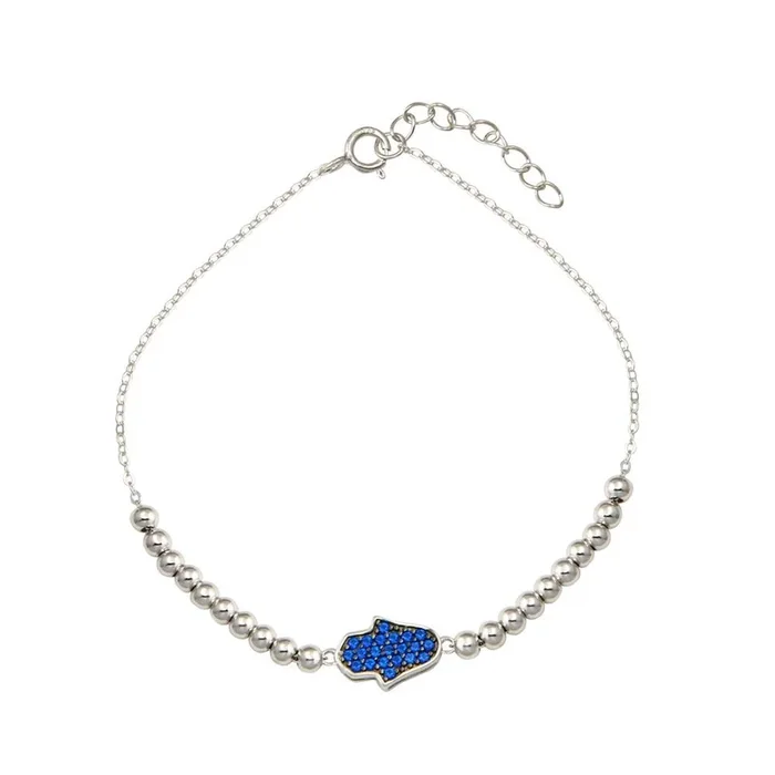 Pulsera ajustable de plata de ley 925 rodiada con cuentas de Fátima cuadradas y circonita azul – STB00619