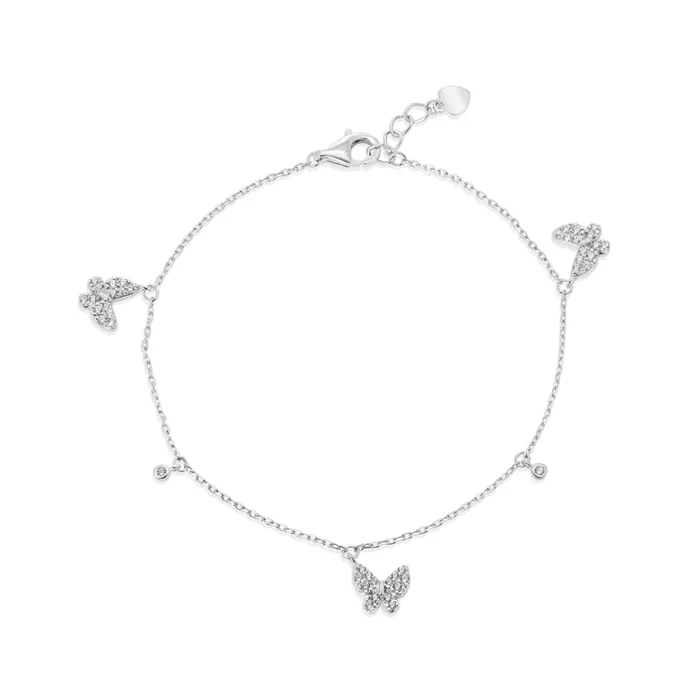 Pulsera ajustable de plata de ley 925 rodiada con dijes de mariposa y circonitas redondas – GMB00162