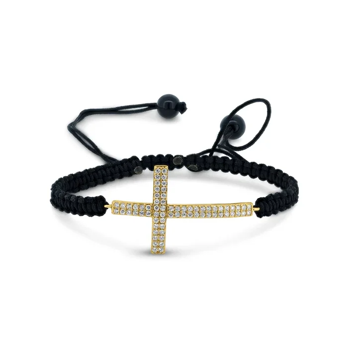 Pulsera de cordón trenzado negro con cruz lateral chapada en oro de plata 925 – BGB00179GP