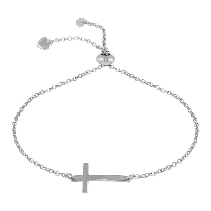 Pulsera de cruz horizontal con dije de corazón en plata de ley 925 rodiada – ARB00031RH