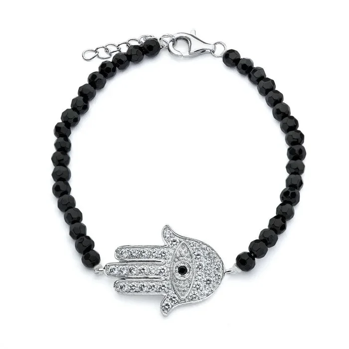 Pulsera de cuentas negras con circonita cúbica Hamsa Evil Eye chapada en rodio de plata 925 – BGB00172