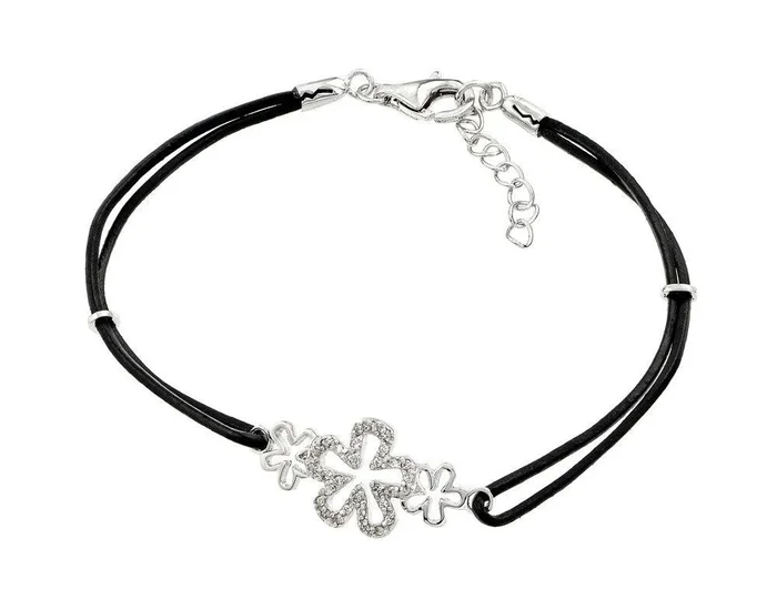 Pulsera de cuerda negra con circonita cúbica y flor abierta, pasado, presente, futuro, plata 925, chapada en rodio – BGB00177