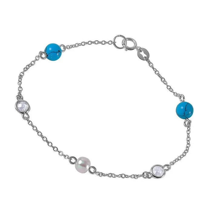 Pulsera de Eslabones de Plata 925 con Cuentas de Turquesa, Perla Sintética y CZ – BGB00259