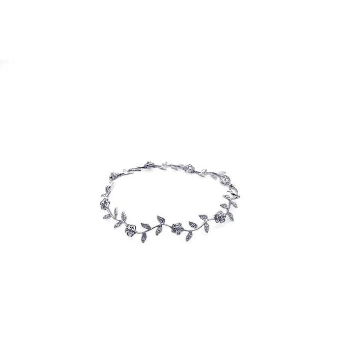 Pulsera de hoja de flor de circonita transparente chapada en rodio de plata 925 – STB00343
