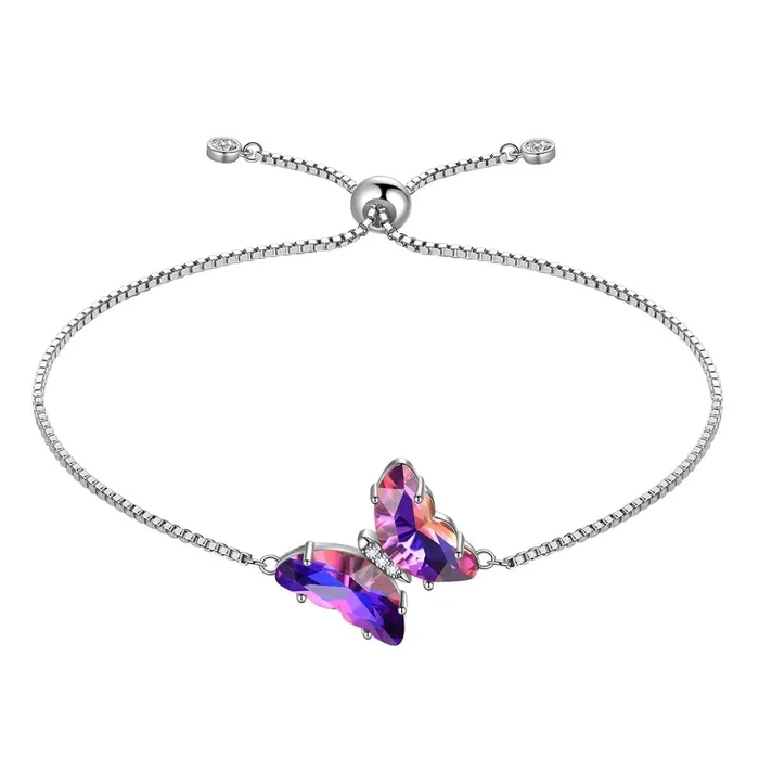 Pulsera de mariposa morada, piedra natal de amatista de febrero, joyería para mujeres y niñas, regalo de cumpleaños