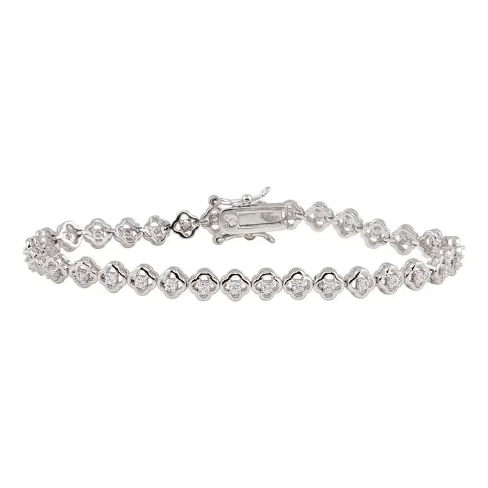 Pulsera de plata 925 con circonitas y flores pequeñas chapadas en rodio – BGB00085