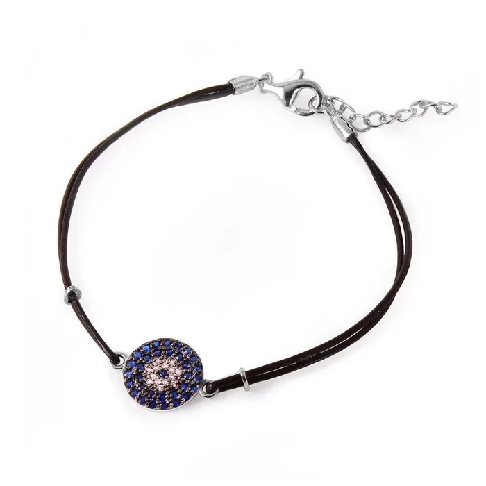 Pulsera de plata 925 con correa de cuero con circonita azul y mal de ojo – BGB00160