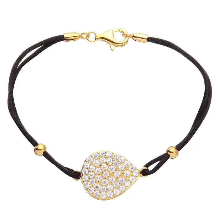 Pulsera de plata de ley 925 bañada en oro con disco incrustado de circonitas cúbicas en cordón negro – BGB00280