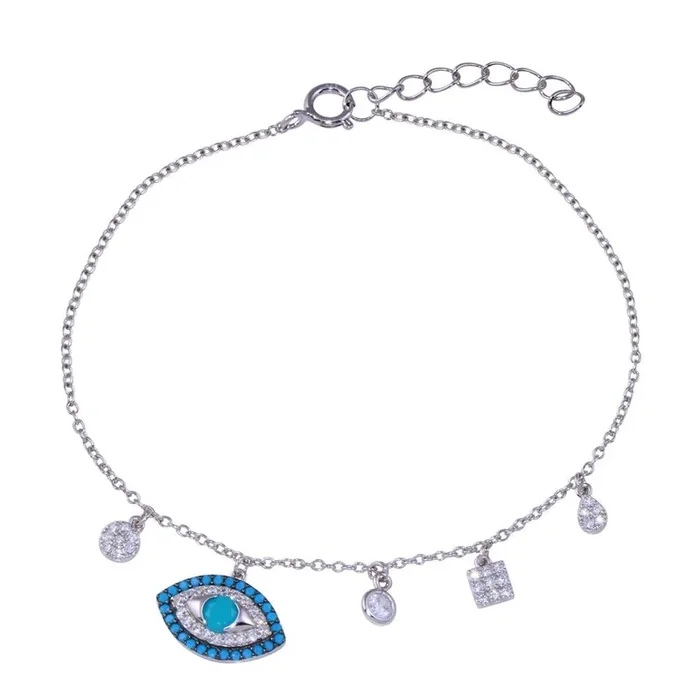 Pulsera de plata de ley 925 con dijes de ojo malvado, turquesa y circonita cúbica transparente – BGB00365