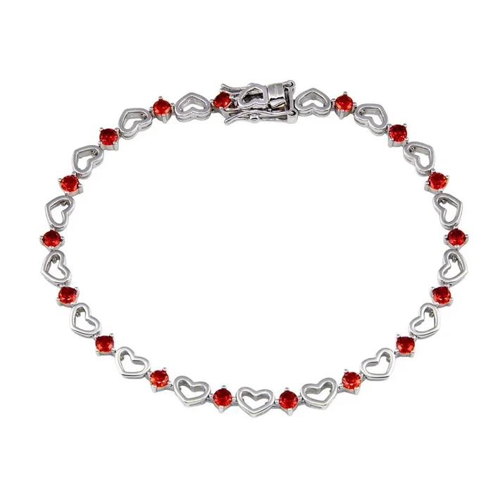 Pulsera de plata de ley 925 rodiada con circonitas rojas y eslabones de corazón – BGB00379