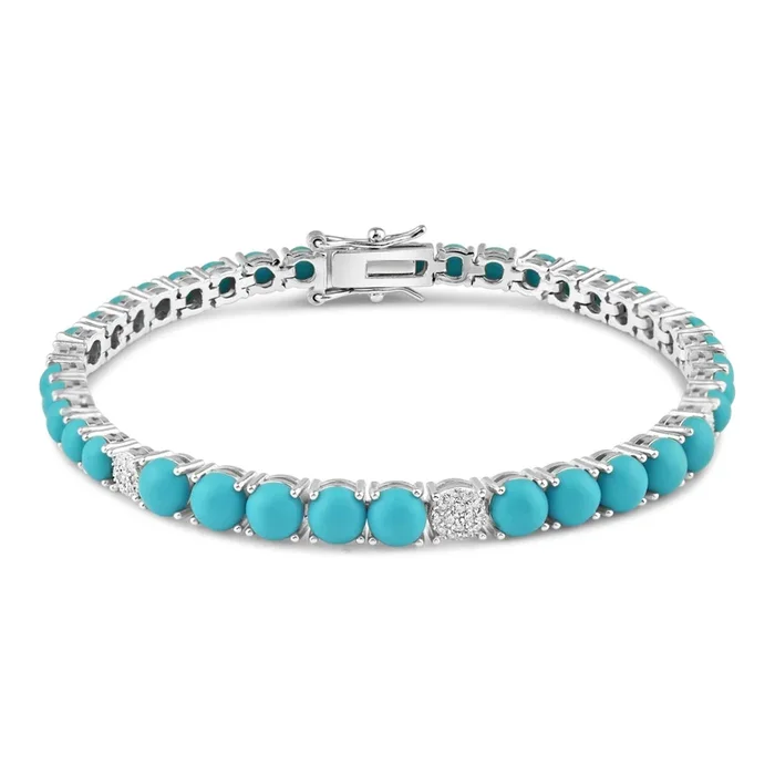 Pulsera de tenis de plata de ley 925 rodiada con turquesa y circonitas cúbicas transparentes de 5 mm – BGB00384
