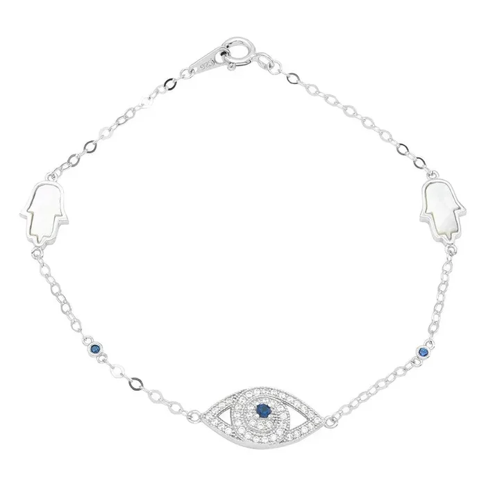 Pulsera Hamsa de nácar y ojo turco de circonita cúbica en plata de ley 925 rodiada – GMB00048