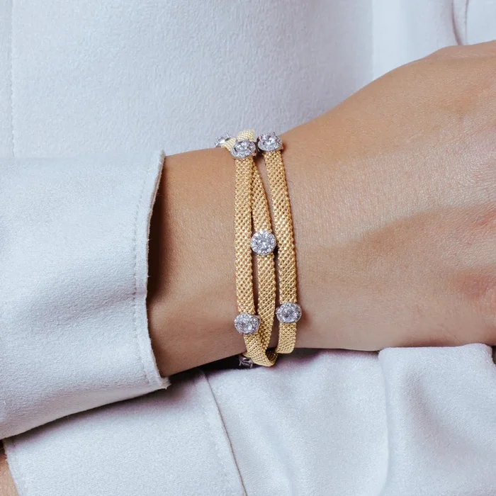 Pulsera italiana con cuentas de doble vuelta y circonita transparente chapada en oro de plata 925 – PSB00009GP