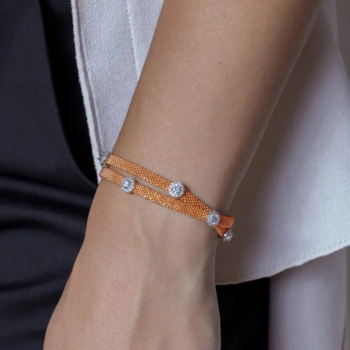 Pulsera italiana con cuentas de doble vuelta y circonita transparente redonda chapada en oro rosa de plata 925 – PSB000010RGP