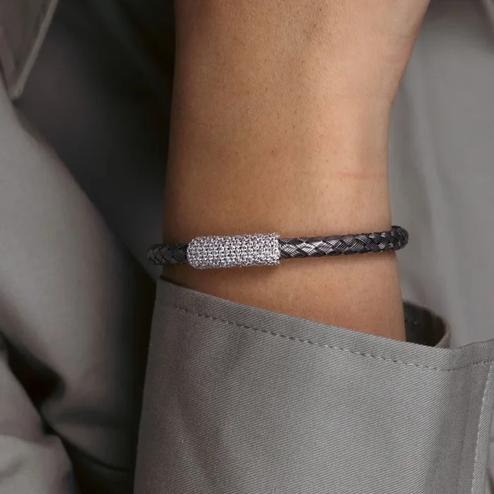 Pulsera italiana trenzada con barra de circonita transparente chapada en rodio negro y rodio de plata 925 – ITB00090BLK