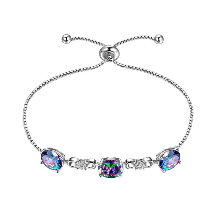 Pulsera redonda de topacio místico arcoíris para mujeres y niñas, joyería de regalo de cumpleaños de plata de ley