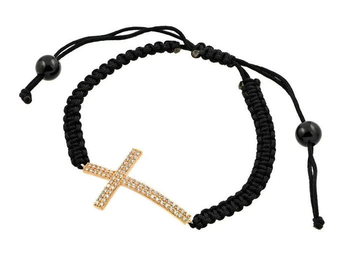 Pulsera trenzada negra con circonita cruzada lateral chapada en oro de plata 925 – BGB00179RGP