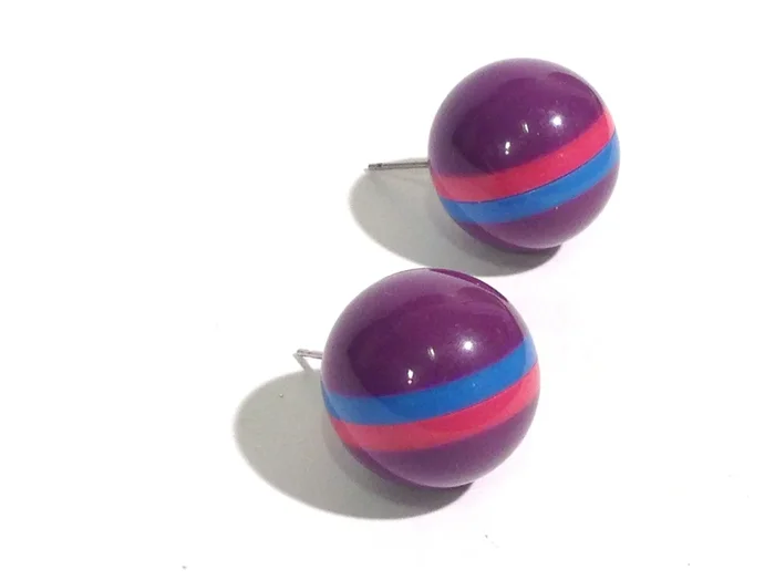 Purple Aqua Fuchsia Striped Jumbo Ball Stud Earrings