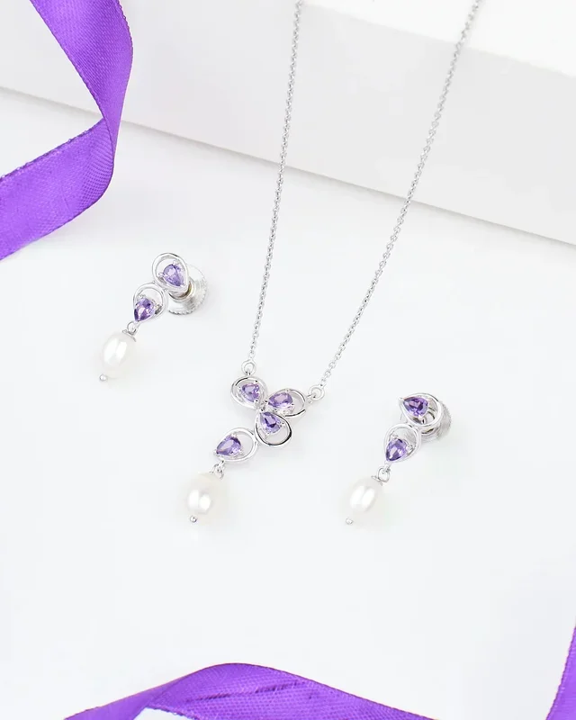 Purple Celestial Spark Pendant Set 925 Silver with Pearl & CZ