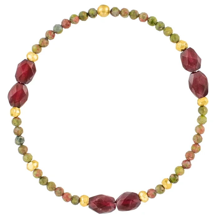 Pyrite’s Booty Bracelet in Unakite and Garnet Faceted Oval