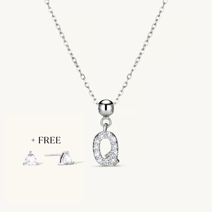Q Diamond Initial Charm Necklace + FREE Diamond Trio Studs Silver