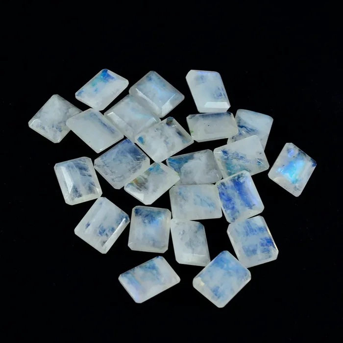 Rainbow Moonstone 1PC Small 6×8 MM Emerald Faceted White Fiery Semi Precious Gems