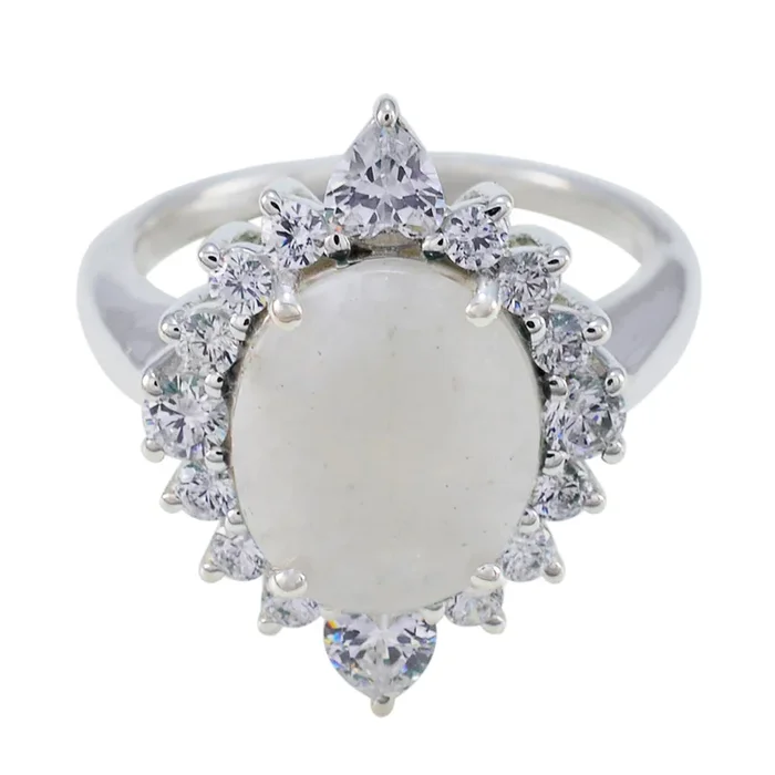 Rainbow Moonstone Halo Egyptian 925 Silver White Gemstone Eye-catching Contemporary Ring Jewellery