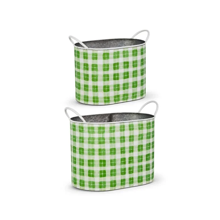 Raz Import Green Spring Gingham Decorative Buckets