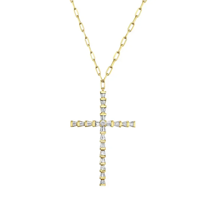 READY TO SHIP DIAMOND TAPERED BAGUETTE CROSS NECKLACE