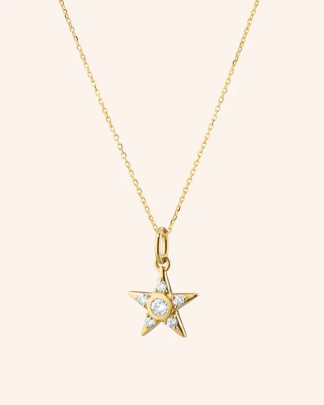 Reclaimed 18k Yellow Gold Star Necklace with 6 Round Diamonds