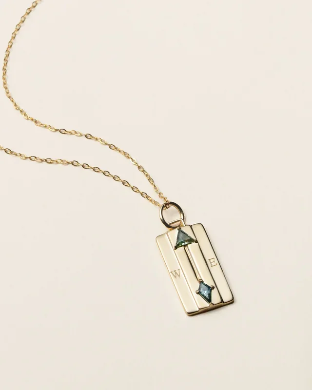 Rectangle Compass Necklace with Triangle and Kite Unheated Green Sapphires