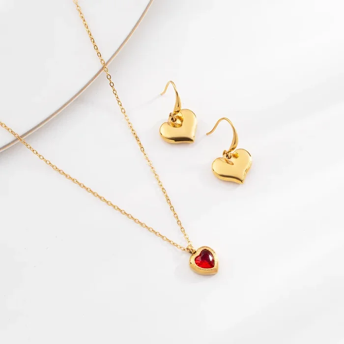 Red Emerald Heart Pendant Necklace & Dangling Heart Earrings Combo Set