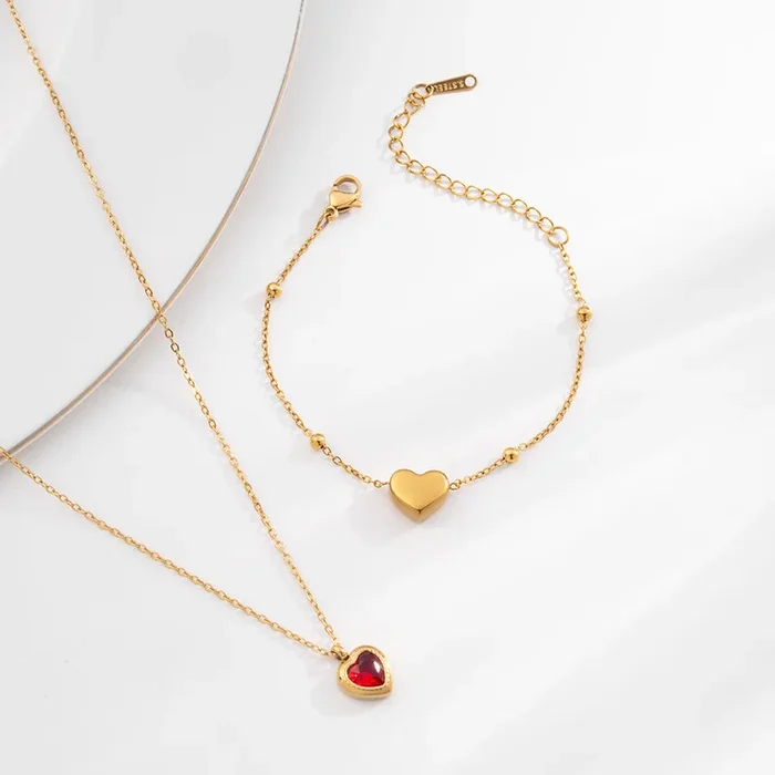 Red Emerald Heart Pendant Necklace & Heart Charm Bracelet Combo Set