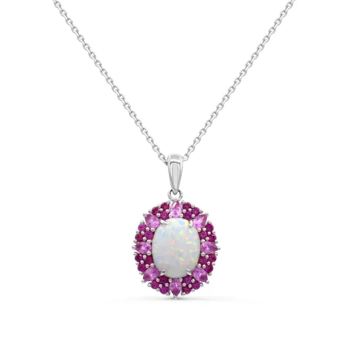 Red Hot Deal 10X8MM Oval Opal and Sapphire Halo 18-inch Pendant in Sterling Silver