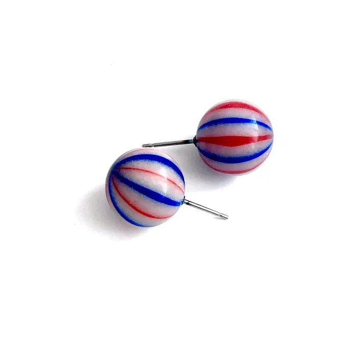 Red White & Blue Striped Ball Stud Earrings