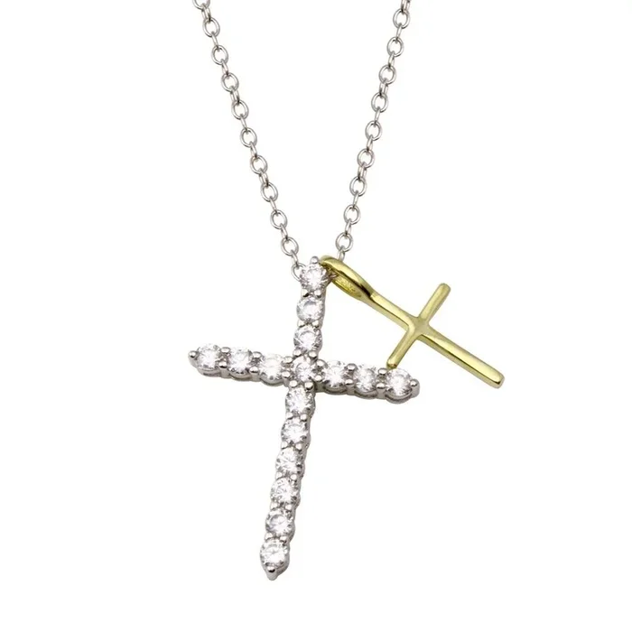 Rhodium and Gold Plated 925 Sterling Silver Cross Clear CZ Adjustable Necklace – STP01835