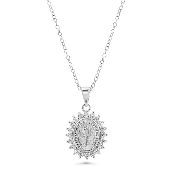 Rhodium Plated 925 Sterling Silver 12.3mm x 14.5mm Our Lady of Guadalupe Pear Shaped Clear CZ Adjustable Pendant Necklace – STP01863