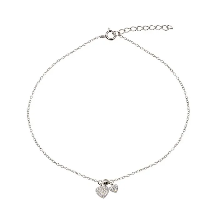 Rhodium Plated 925 Sterling Silver 2 Dangling Hearts Clear CZ Anklet – STA00001