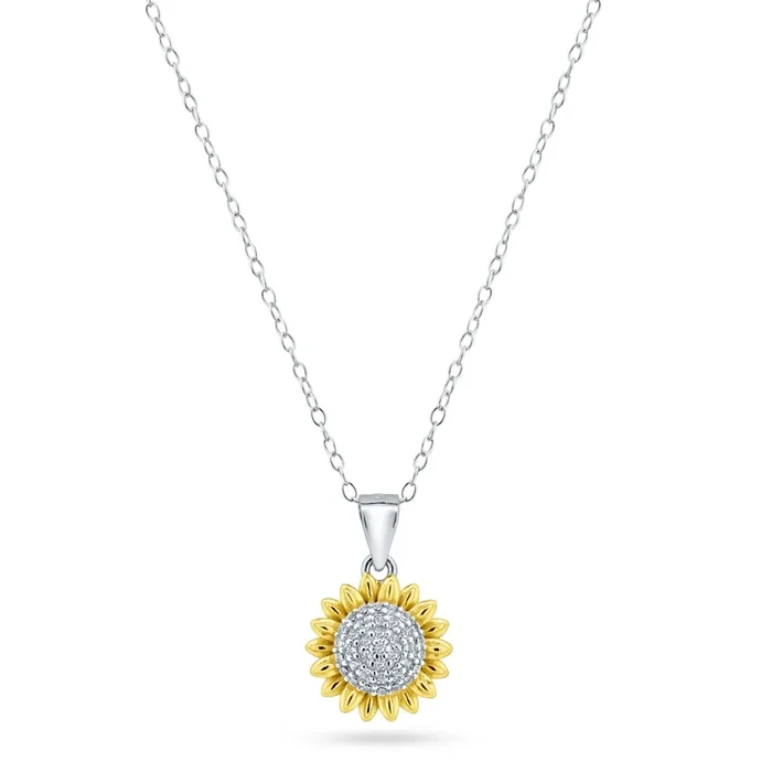 Rhodium Plated 925 Sterling Silver 2 Tone Sunflower CZ Pendant with Chain – STP01852